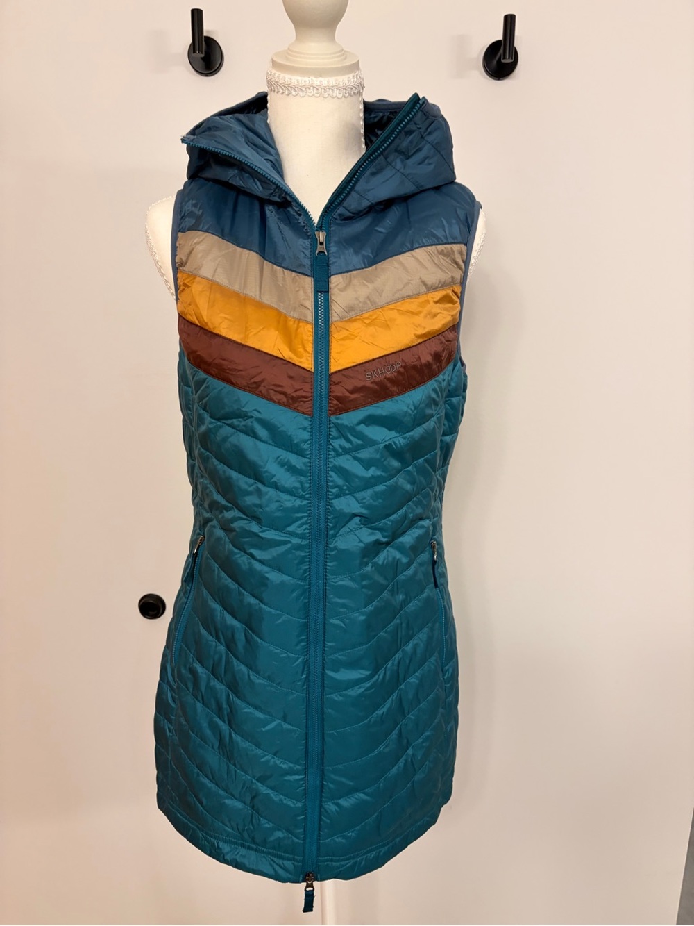 Skhoop & Title Nine Insulated Teal Hooded Quilted Vest, tunic length, M